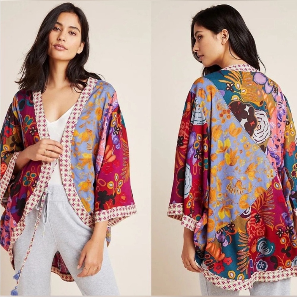 Anthropologie Colorful Floral Kimono Cardigan top women’s size XS/S